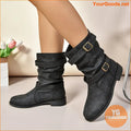 Retro Knight Womens Double Buckle MidCalf Boots - YourGoods Online Shop