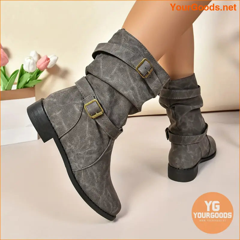 Retro Knight Womens Double Buckle MidCalf Boots - YourGoods Online Shop