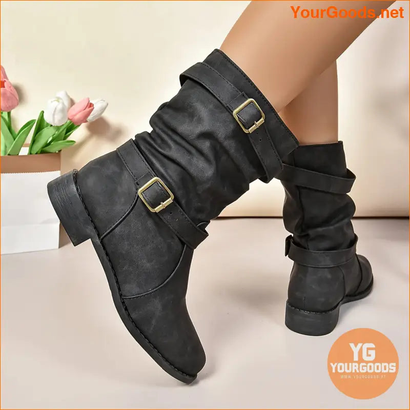 Retro Knight Womens Double Buckle MidCalf Boots - YourGoods Online Shop