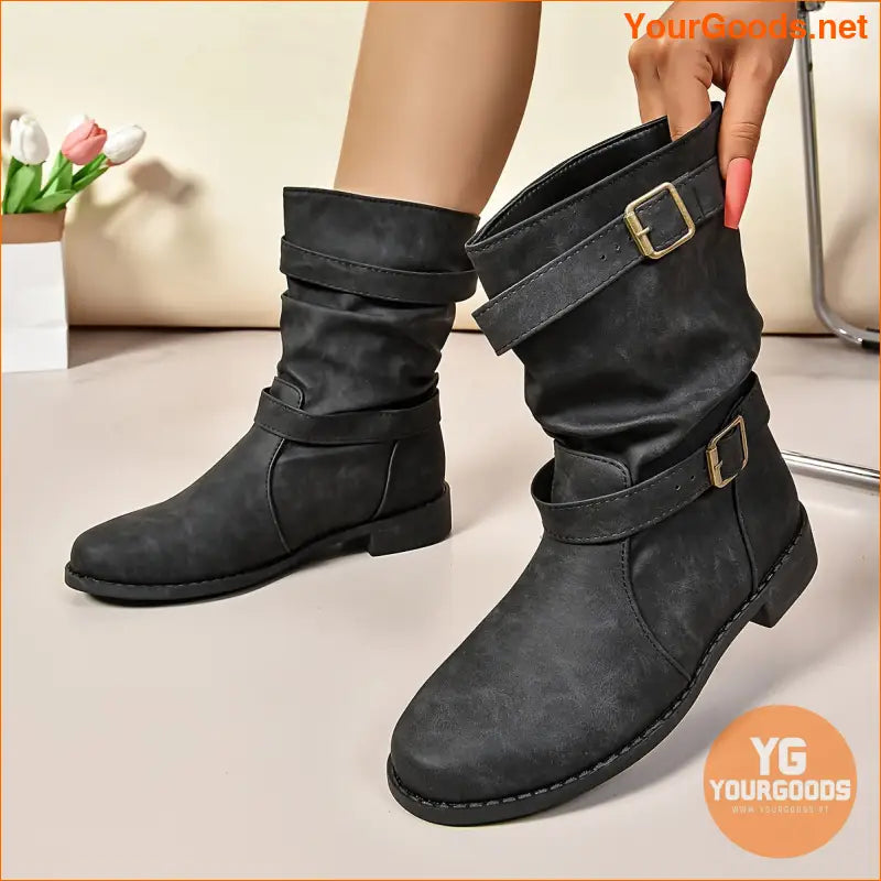 Retro Knight Womens Double Buckle MidCalf Boots - YourGoods Online Shop