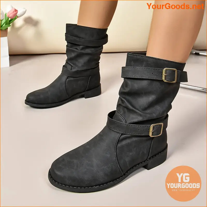 Retro Knight Womens Double Buckle MidCalf Boots - YourGoods Online Shop