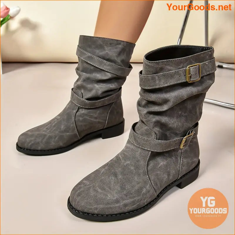 Retro Knight Womens Double Buckle MidCalf Boots - YourGoods Online Shop