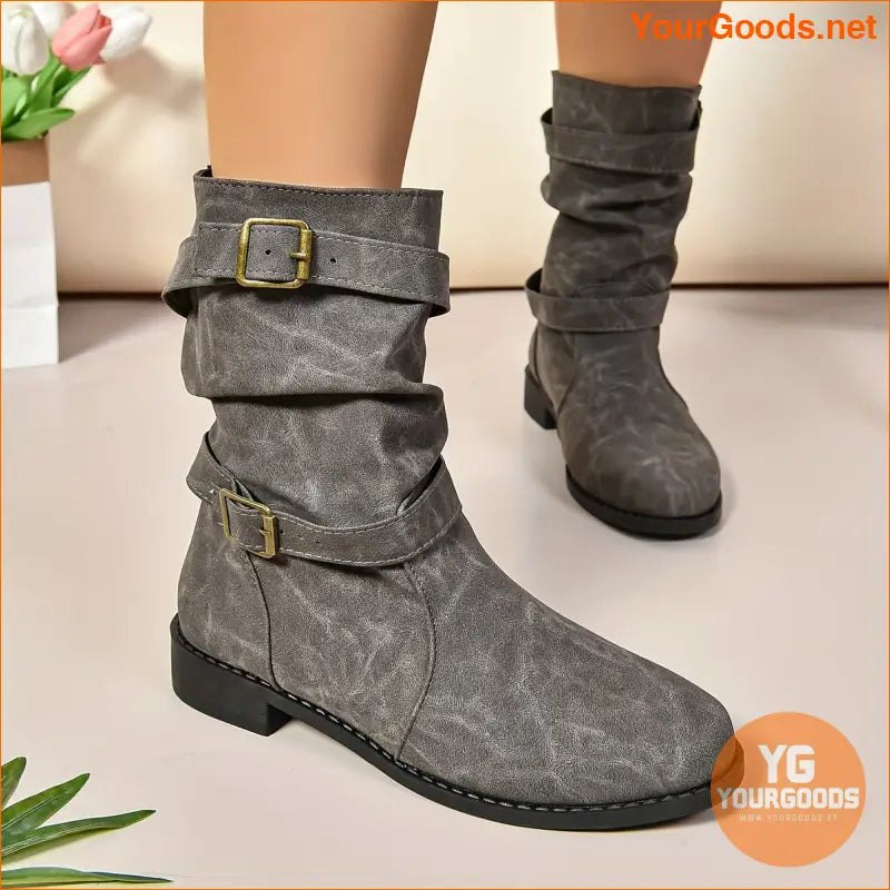 Retro Knight Womens Double Buckle MidCalf Boots - YourGoods Online Shop