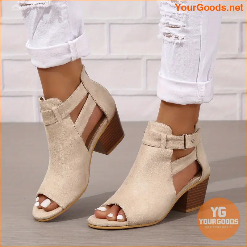 Retro Peep Toe Chunky Heeled Sandals with Back Zipper - YourGoods Online Shop