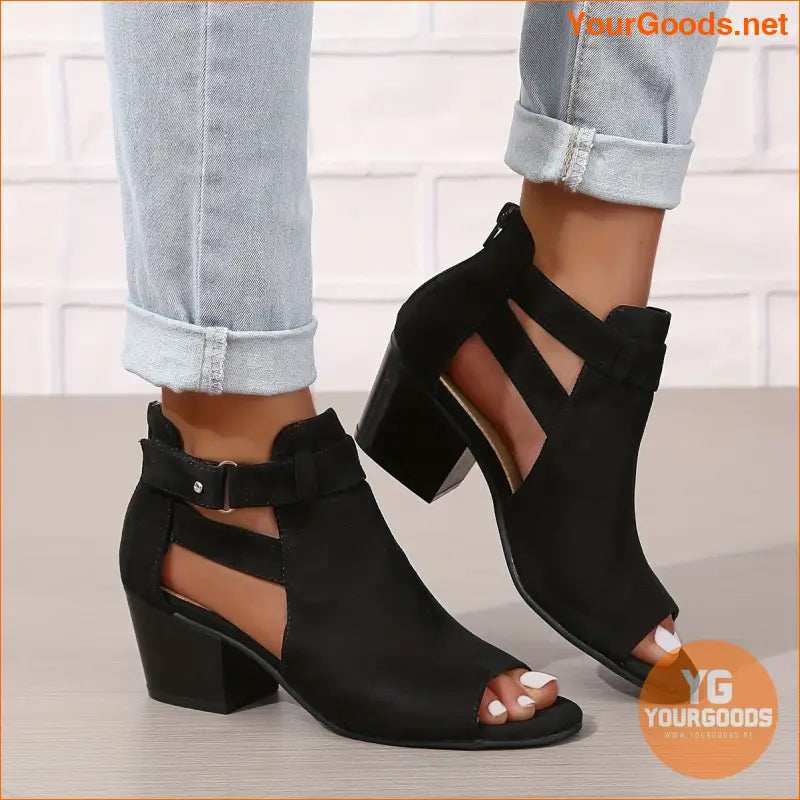 Retro Peep Toe Chunky Heeled Sandals with Back Zipper - YourGoods Online Shop