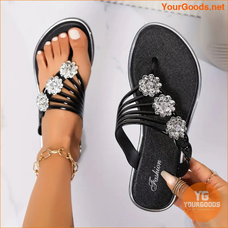 Rhinestone Flower Womens OpenToe Fashion FlipFlops - YourGoods Online Shop