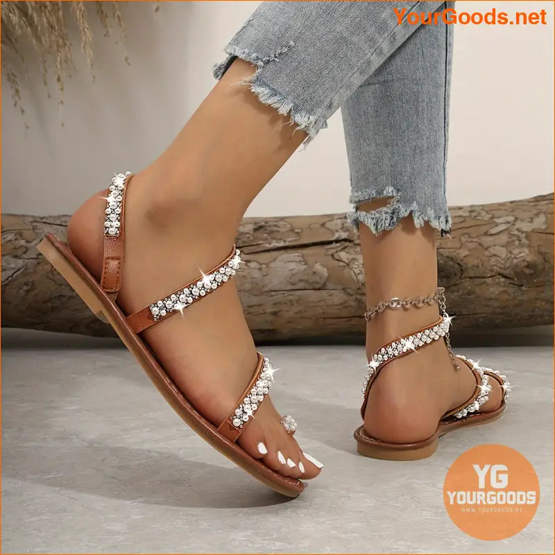 Rhinestone Pearl Embellished Womens Toe Loop Sandals - YourGoods Online Shop