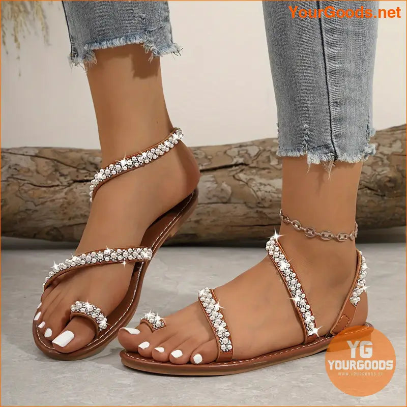 Rhinestone Pearl Embellished Womens Toe Loop Sandals - YourGoods Online Shop