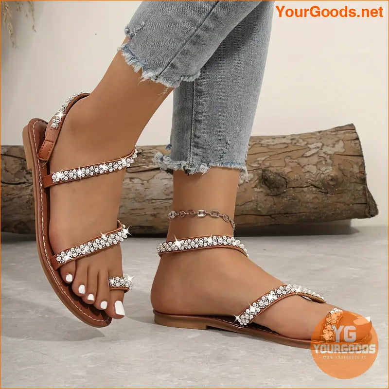 Rhinestone Pearl Embellished Womens Toe Loop Sandals - YourGoods Online Shop