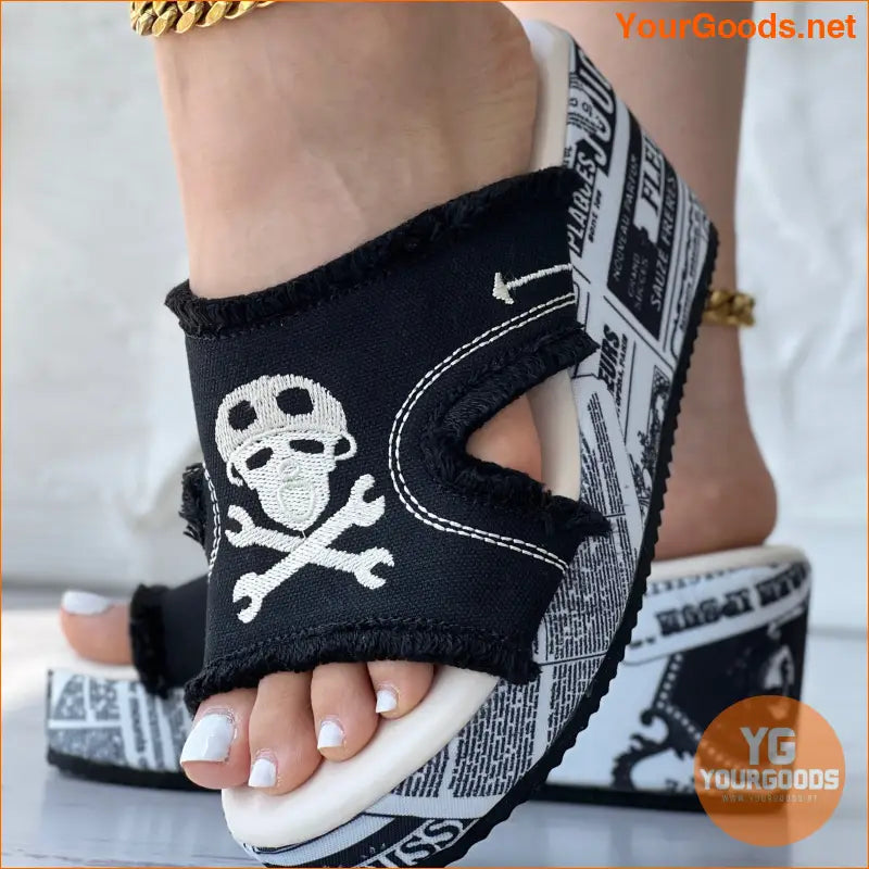 Skull Print Tassel Denim Wedge Sandals Halloween Special - YourGoods Online Shop