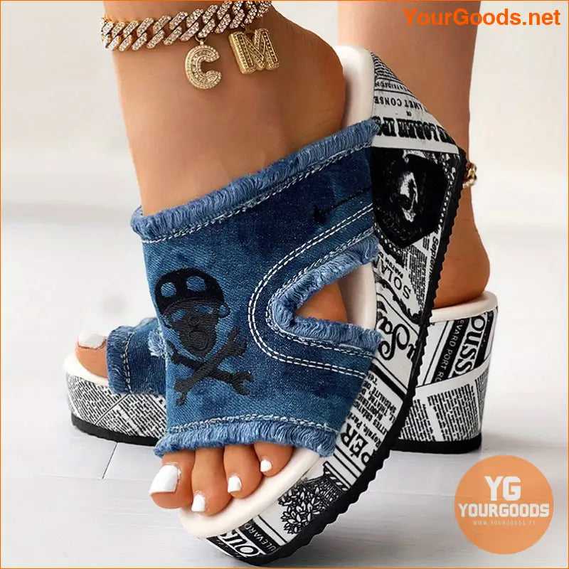 Skull Print Tassel Denim Wedge Sandals Halloween Special - YourGoods Online Shop