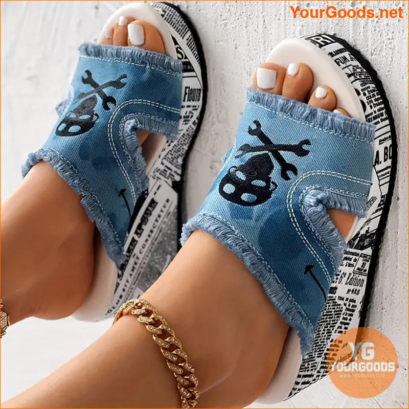 Skull Print Tassel Denim Wedge Sandals Halloween Special - YourGoods Online Shop