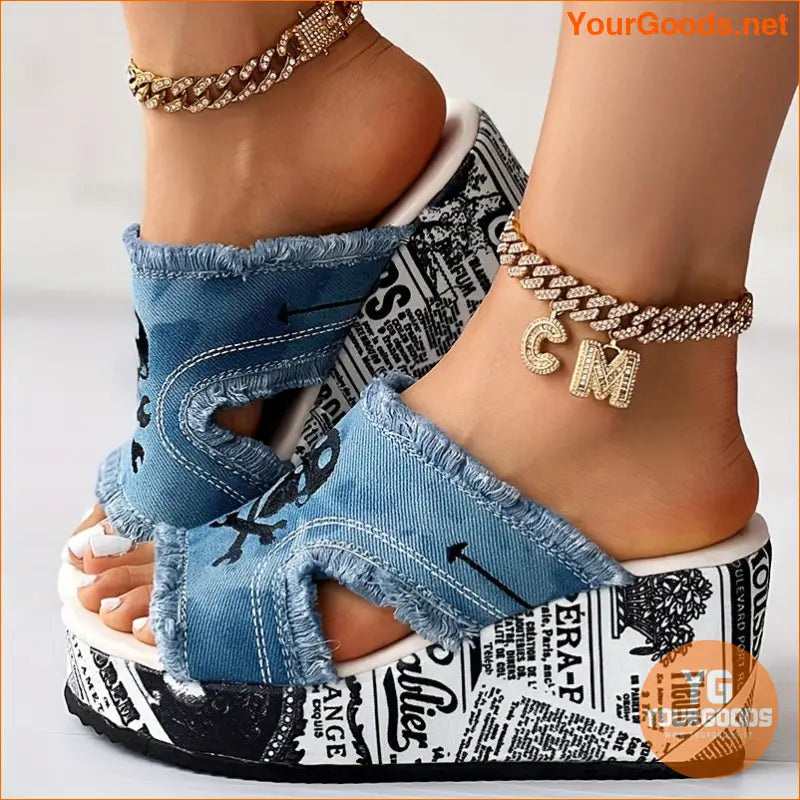 Skull Print Tassel Denim Wedge Sandals Halloween Special - YourGoods Online Shop