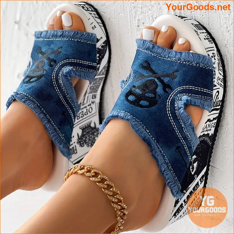 Skull Print Tassel Denim Wedge Sandals Halloween Special - YourGoods Online Shop