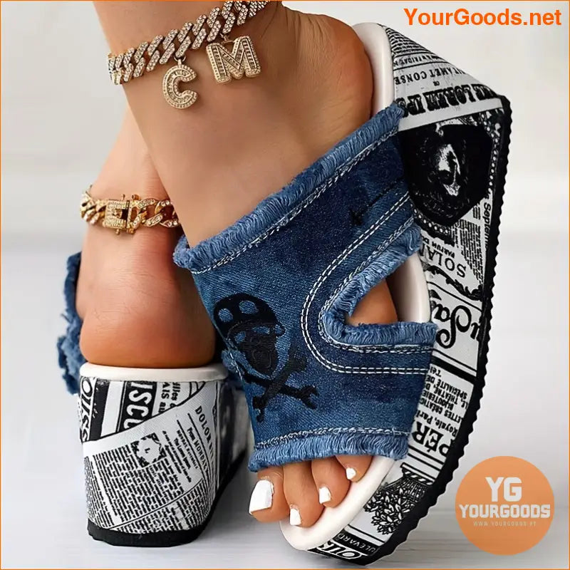 Skull Print Tassel Denim Wedge Sandals Halloween Special - YourGoods Online Shop