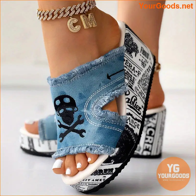 Skull Print Tassel Denim Wedge Sandals Halloween Special - YourGoods Online Shop