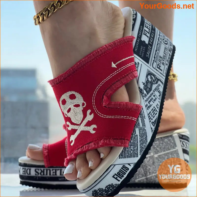 Skull Print Tassel Denim Wedge Sandals Halloween Special - YourGoods Online Shop