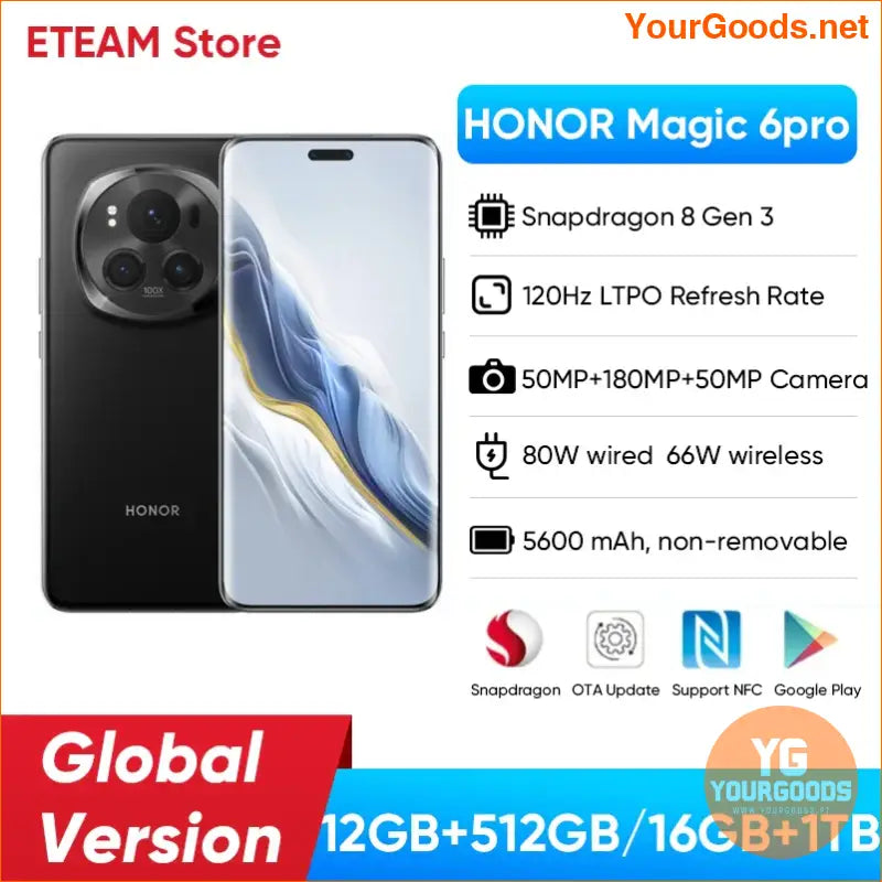 Smartphone Original HONOR Magic6 Pro Global Version Snapdragon 8 Gen 3 120HZ 6.8’’ Quad-Curved 180MP Camera 5600mAh