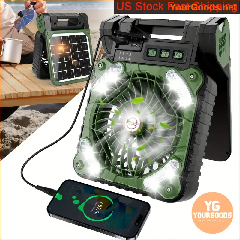 SolarPowered 10000mAh Portable Camping Fan with LED Lantern - YourGoods Online Shop