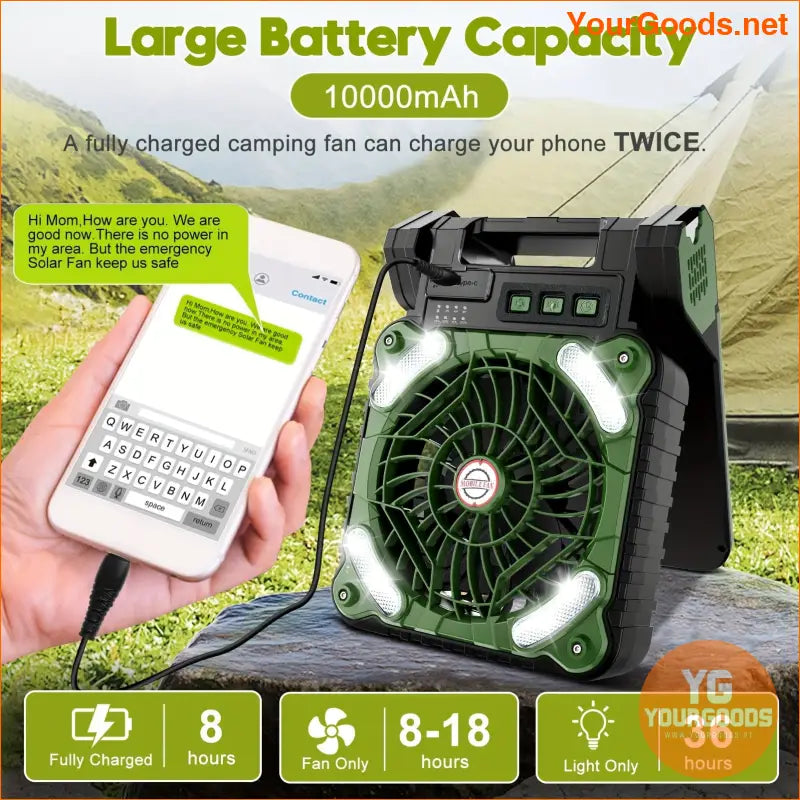 SolarPowered 10000mAh Portable Camping Fan with LED Lantern - YourGoods Online Shop