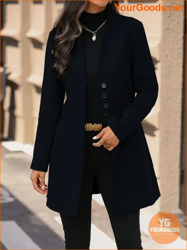 Solid Color Long Sleeve Stand Collar Elegant Woolen Coat - YourGoods Online Shop