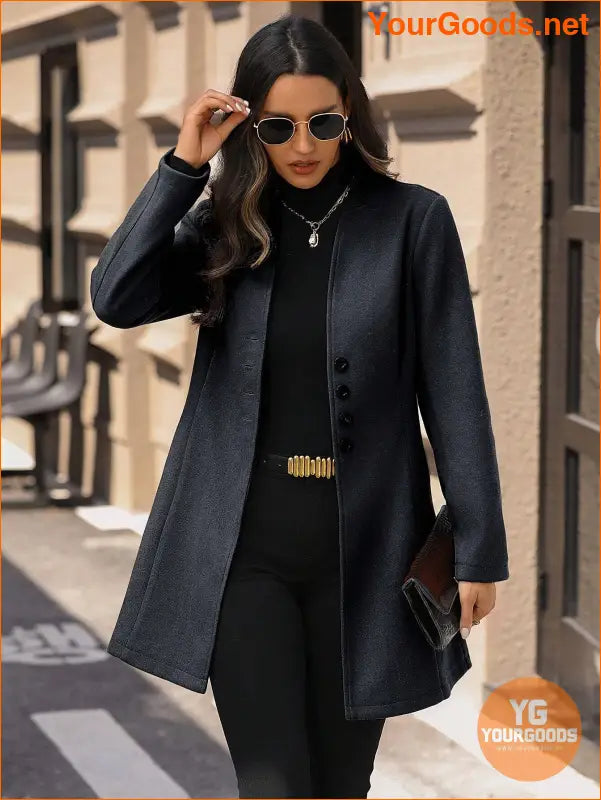 Solid Color Long Sleeve Stand Collar Elegant Woolen Coat - YourGoods Online Shop