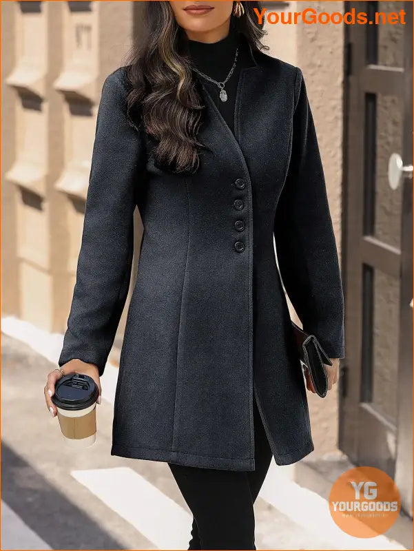 Solid Color Long Sleeve Stand Collar Elegant Woolen Coat - YourGoods Online Shop