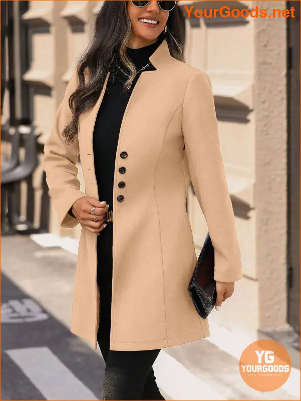 Solid Color Long Sleeve Stand Collar Elegant Woolen Coat - YourGoods Online Shop