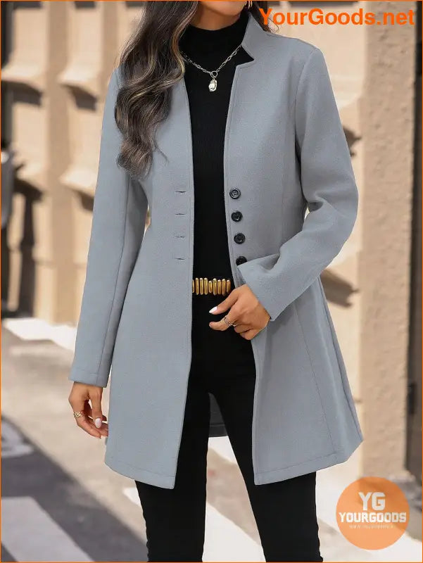 Solid Color Long Sleeve Stand Collar Elegant Woolen Coat - YourGoods Online Shop