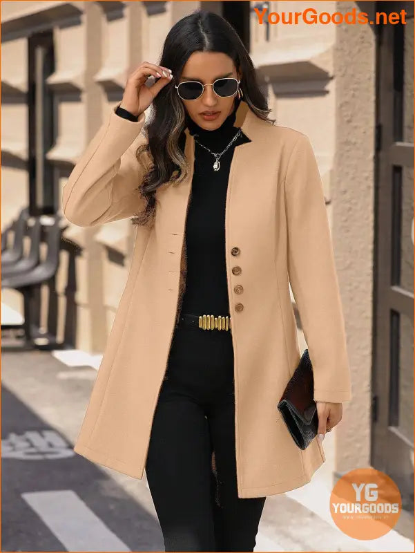 Solid Color Long Sleeve Stand Collar Elegant Woolen Coat - YourGoods Online Shop