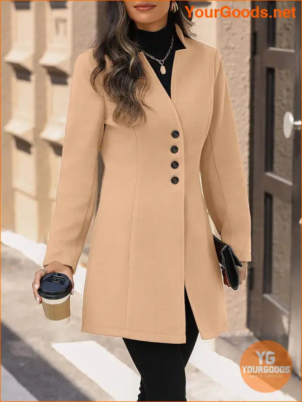 Solid Color Long Sleeve Stand Collar Elegant Woolen Coat - YourGoods Online Shop