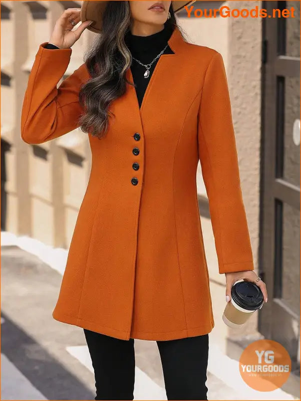 Solid Color Long Sleeve Stand Collar Elegant Woolen Coat - YourGoods Online Shop