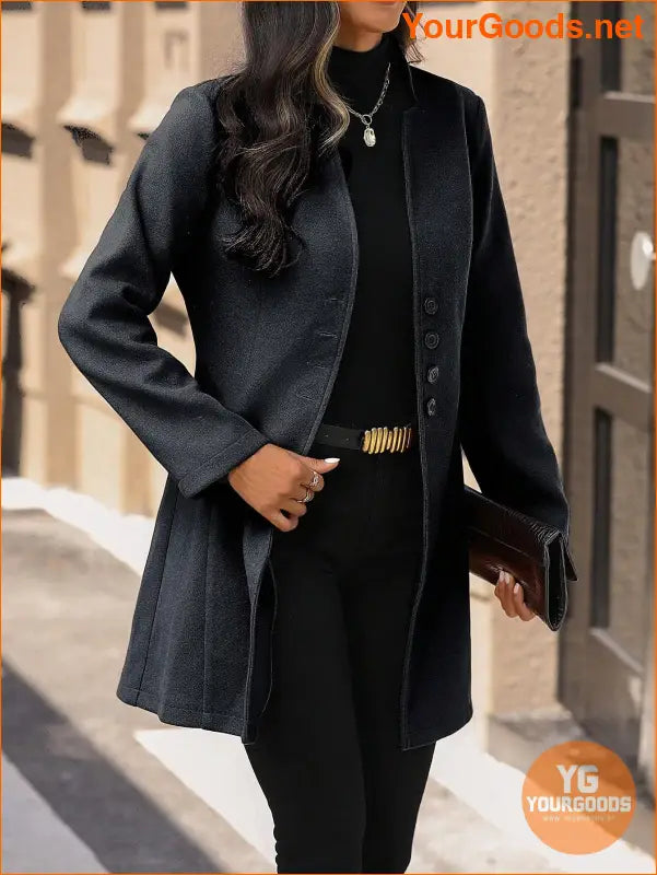 Solid Color Long Sleeve Stand Collar Elegant Woolen Coat - YourGoods Online Shop