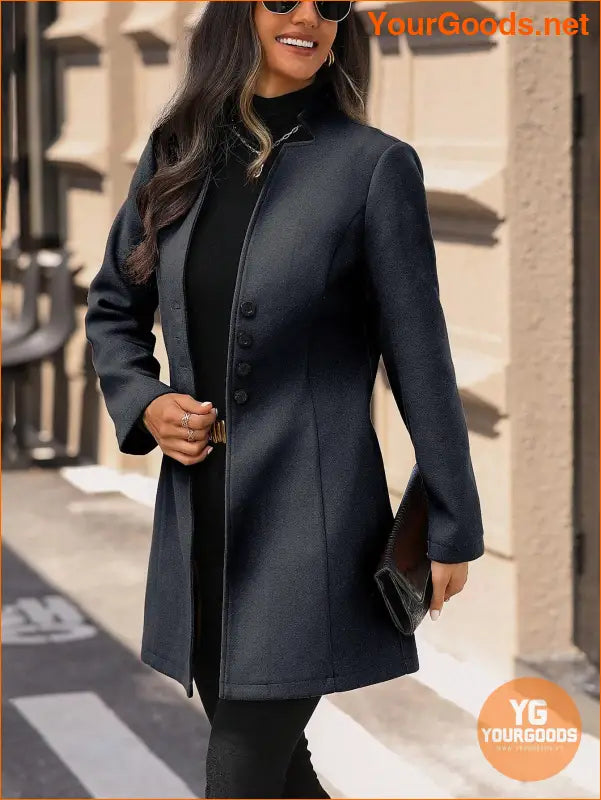 Solid Color Long Sleeve Stand Collar Elegant Woolen Coat - YourGoods Online Shop