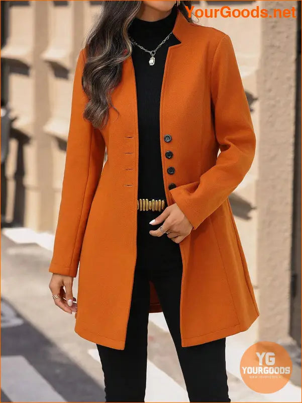 Solid Color Long Sleeve Stand Collar Elegant Woolen Coat - YourGoods Online Shop