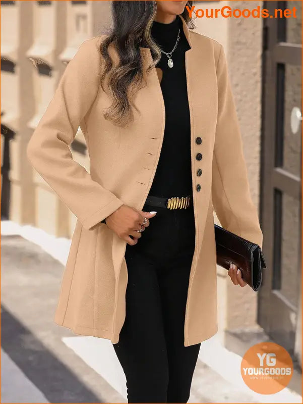 Solid Color Long Sleeve Stand Collar Elegant Woolen Coat - YourGoods Online Shop