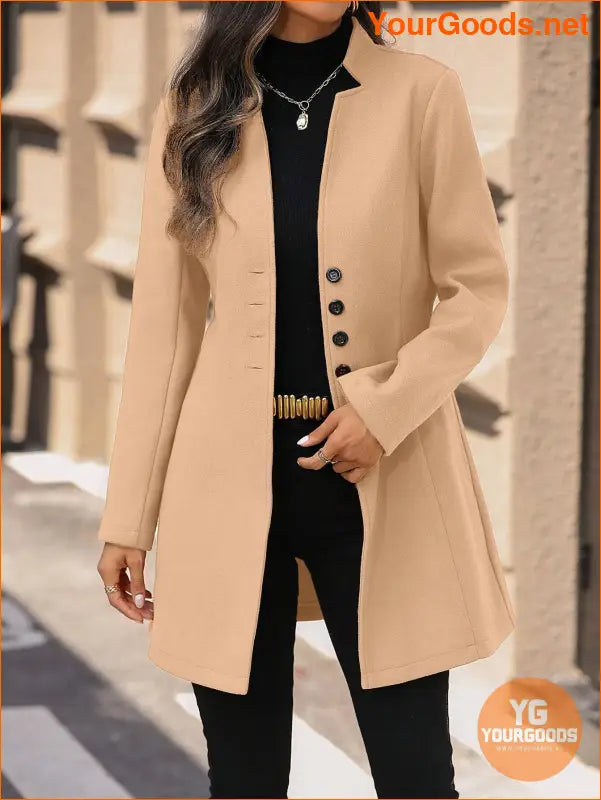 Solid Color Long Sleeve Stand Collar Elegant Woolen Coat - YourGoods Online Shop