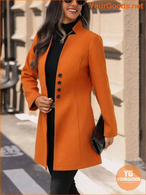 Solid Color Long Sleeve Stand Collar Elegant Woolen Coat - YourGoods Online Shop