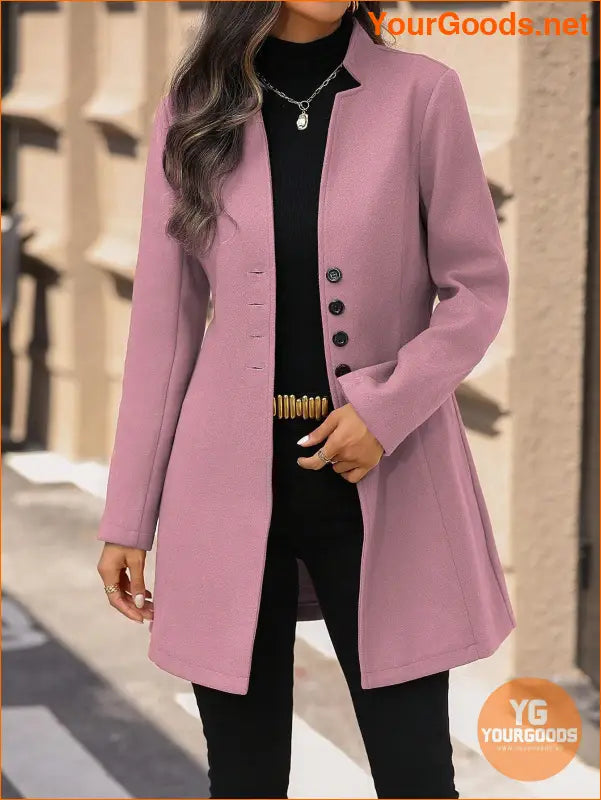 Solid Color Long Sleeve Stand Collar Elegant Woolen Coat - YourGoods Online Shop