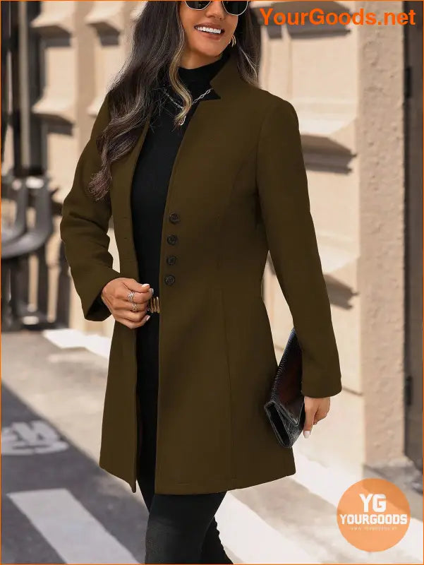 Solid Color Long Sleeve Stand Collar Elegant Woolen Coat - YourGoods Online Shop