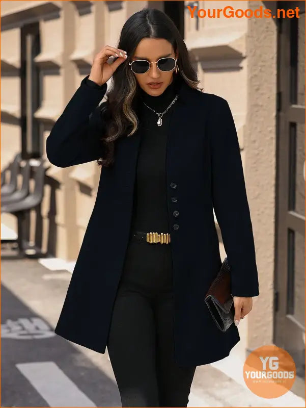 Solid Color Long Sleeve Stand Collar Elegant Woolen Coat - YourGoods Online Shop