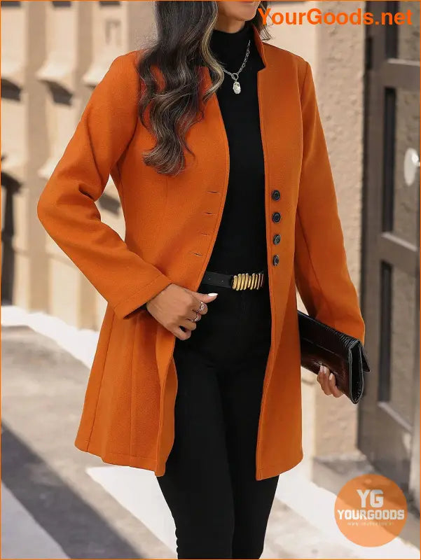 Solid Color Long Sleeve Stand Collar Elegant Woolen Coat - YourGoods Online Shop