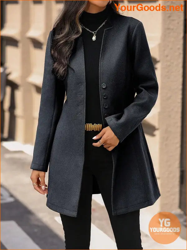 Solid Color Long Sleeve Stand Collar Elegant Woolen Coat - YourGoods Online Shop