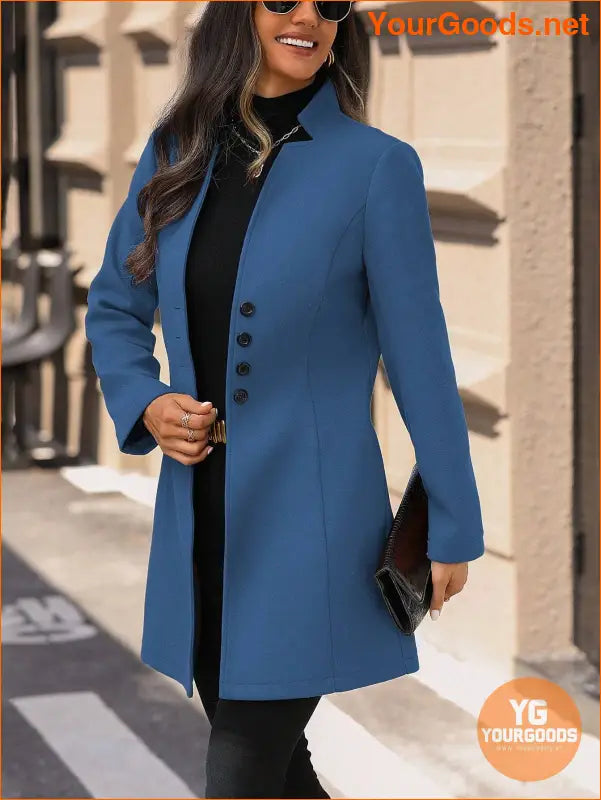 Solid Color Long Sleeve Stand Collar Elegant Woolen Coat - YourGoods Online Shop