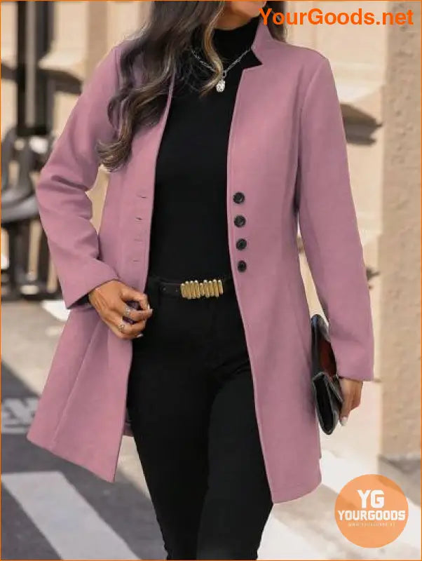 Solid Color Long Sleeve Stand Collar Elegant Woolen Coat - YourGoods Online Shop