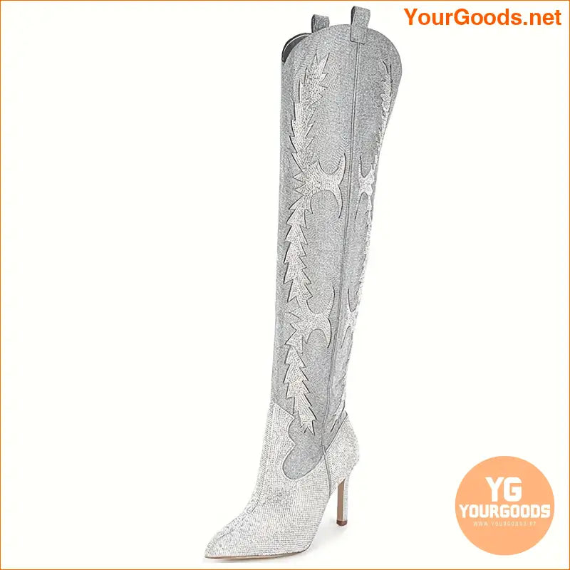 Sparkly Rhinestone Stiletto ThighHigh Boots with Side Zipper - YourGoods Online Shop