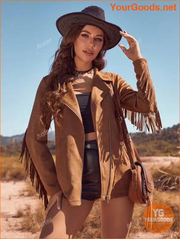 Splice Fringe Western Style Faux Suede Motorcycle Jacket - YourGoods Online Shop