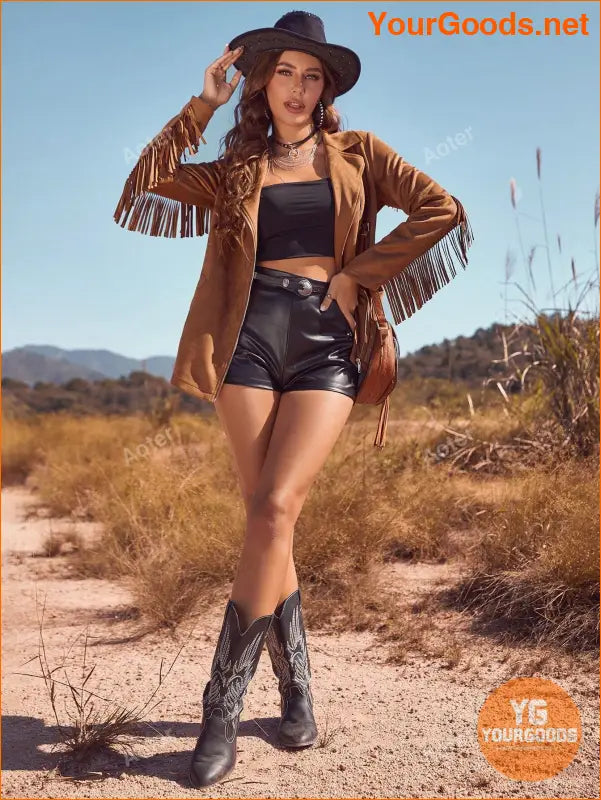 Splice Fringe Western Style Faux Suede Motorcycle Jacket - YourGoods Online Shop