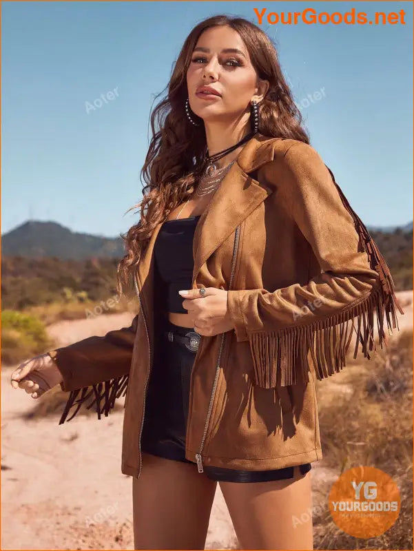 Splice Fringe Western Style Faux Suede Motorcycle Jacket - YourGoods Online Shop