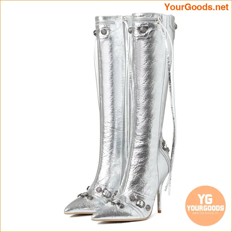 Stiletto Knee High Boots with Rivets Tassels - YourGoods Online Shop